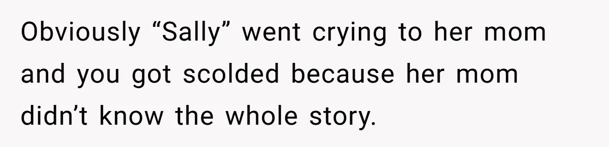 Obviously “Sally” went crying to her mom and you got scolded because her mom didn’t know the whole story.