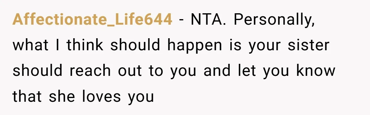 Affectionate_Life644 − NTA. Personally, what I think should happen is your sister should reach out to you and let you know that she loves you