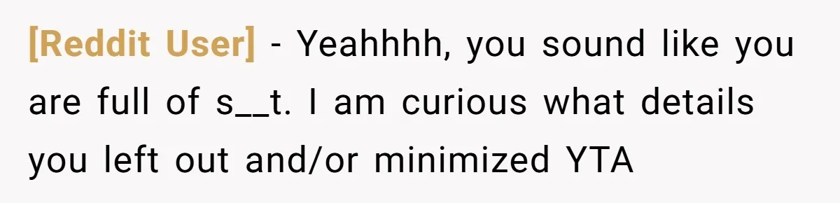 [Reddit User] − Yeahhhh, you sound like you are full of s__t. I am curious what details you left out and/or minimized YTA