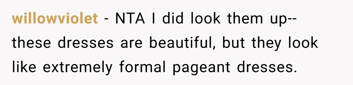 willowviolet − NTA I did look them up-- these dresses are beautiful, but they look like extremely formal pageant dresses.