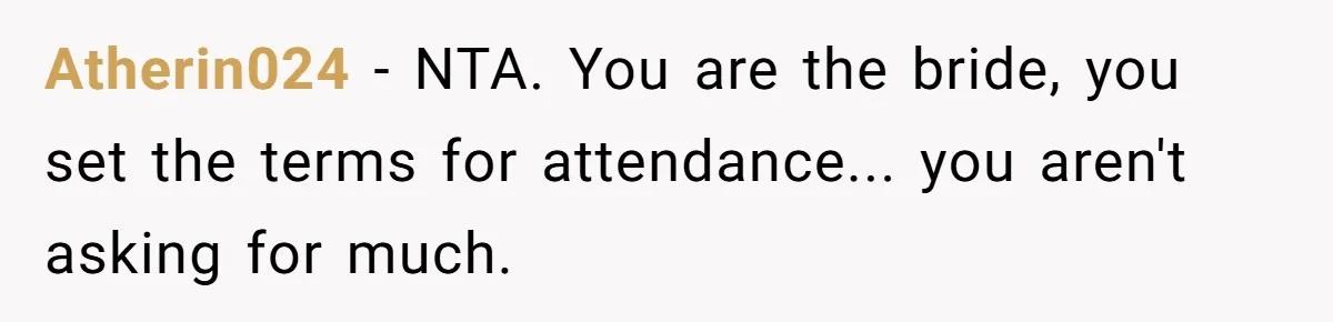 Atherin024 − NTA. You are the bride, you set the terms for attendance... you aren't asking for much.