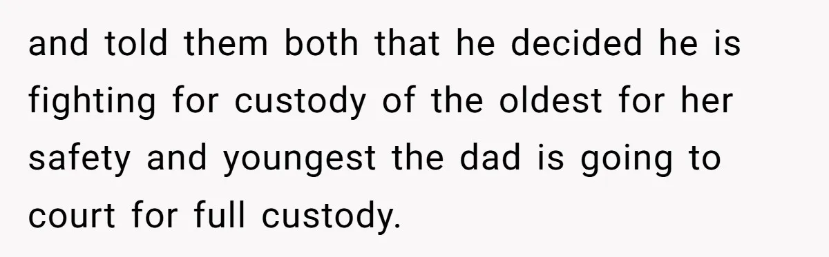 and told them both that he decided he is fighting for custody of the oldest for her safety and youngest the dad is going to court for full custody.