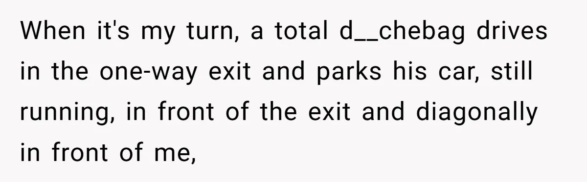 When it's my turn, a total d__chebag drives in the one-way exit and parks his car, still running, in front of the exit and diagonally in front of me,