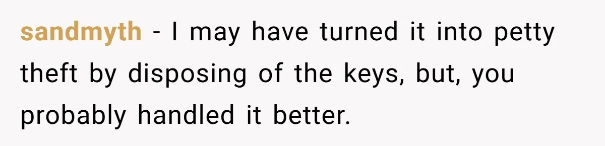 sandmyth − I may have turned it into petty theft by disposing of the keys, but, you probably handled it better.
