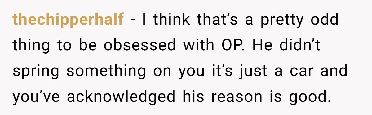 thechipperhalf − I think that’s a pretty odd thing to be obsessed with OP. He didn’t spring something on you it’s just a car and you’ve acknowledged his reason is...