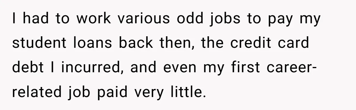 I had to work various odd jobs to pay my student loans back then, the credit card debt I incurred, and even my first career-related job paid very little.