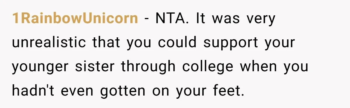 1RainbowUnicorn − NTA. It was very unrealistic that you could support your younger sister through college when you hadn't even gotten on your feet.