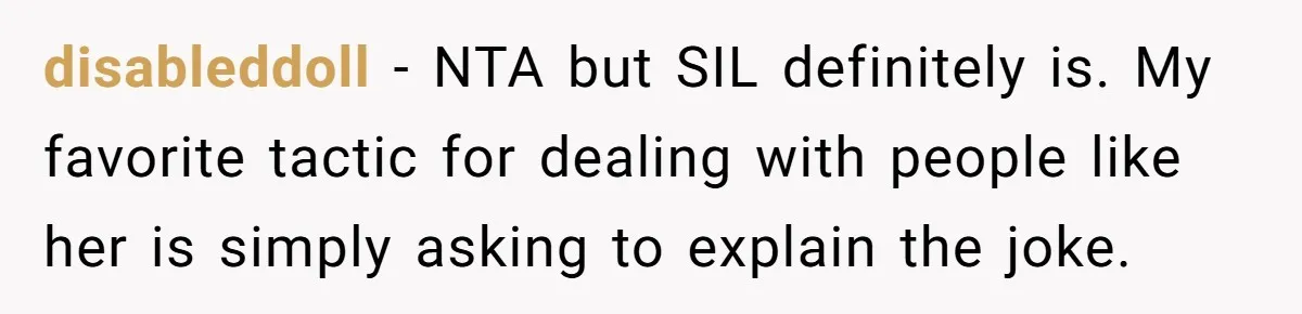 Husband Snaps At Sister In Law After Years Of Name Teasing Over Baby Girl disableddoll − NTA but SIL definitely is. My favorite tactic for dealing with people like her is simply asking to explain the joke.