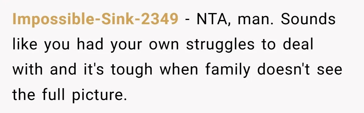 Impossible-Sink-2349 − NTA, man. Sounds like you had your own struggles to deal with and it's tough when family doesn't see the full picture.