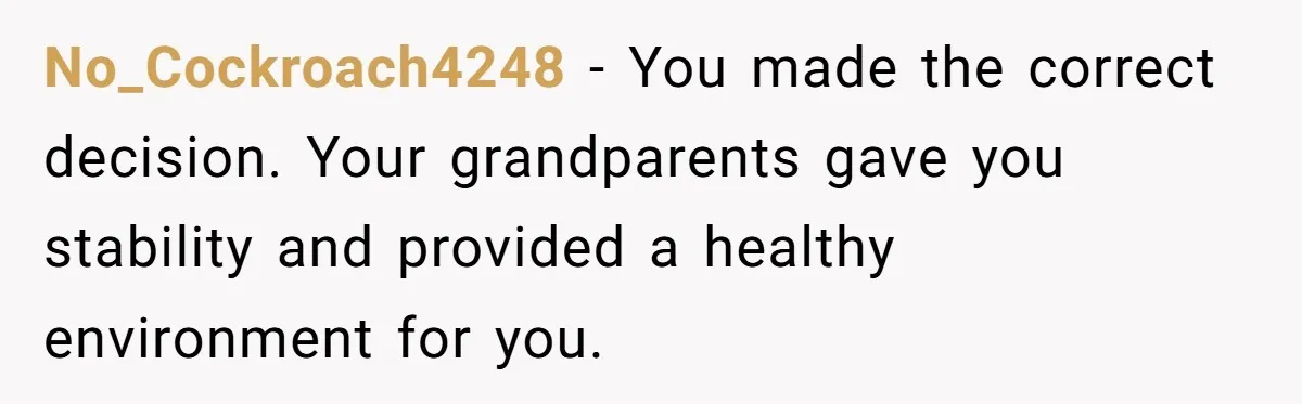 No_Cockroach4248 − You made the correct decision. Your grandparents gave you stability and provided a healthy environment for you.