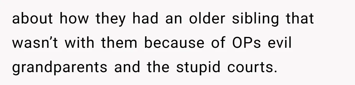 about how they had an older sibling that wasn’t with them because of OPs evil grandparents and the stupid courts.