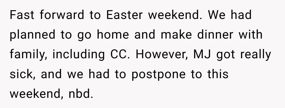 Fast forward to Easter weekend. We had planned to go home and make dinner with family, including CC. However, MJ got really sick, and we had to postpone to this...