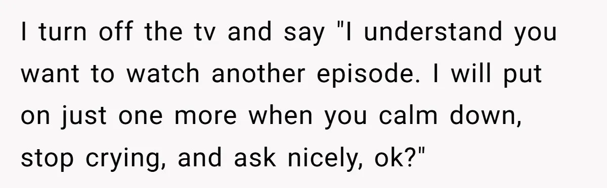Woman Refuses To Yield During Toddler Meltdown But Faces Stern Family Backlash I turn off the tv and say "I understand you want to watch another episode. I will put on just one more when you calm down, stop crying, and ask...