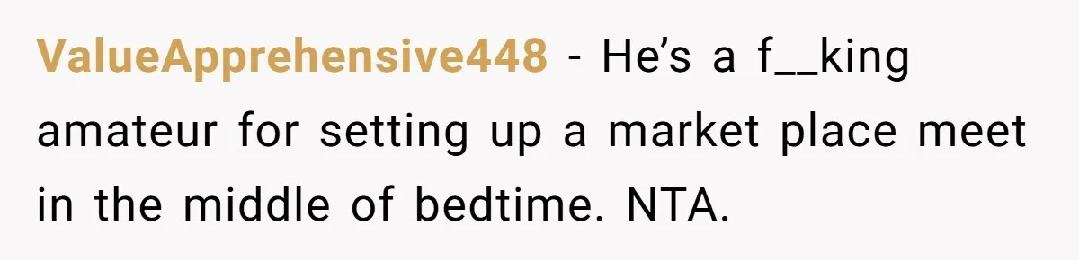 ValueApprehensive448 − He’s a f__king amateur for setting up a market place meet in the middle of bedtime. NTA.