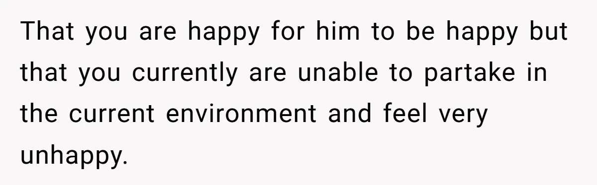 That you are happy for him to be happy but that you currently are unable to partake in the current environment and feel very unhappy.