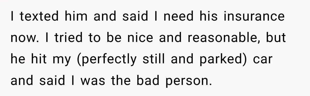 I texted him and said I need his insurance now. I tried to be nice and reasonable, but he hit my (perfectly still and parked) car and said I was...
