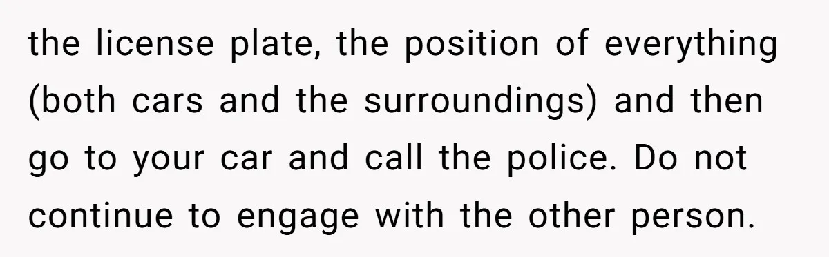 the license plate, the position of everything (both cars and the surroundings) and then go to your car and call the police. Do not continue to engage with the other...