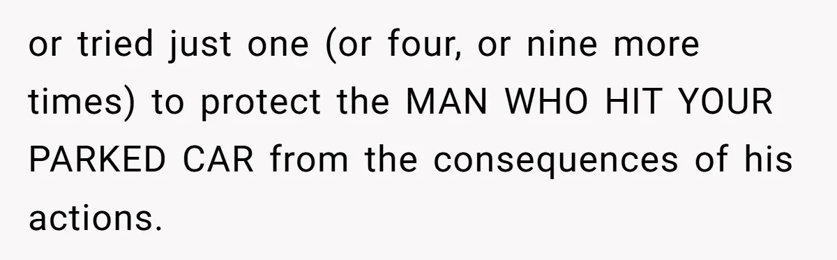 or tried just one (or four, or nine more times) to protect the MAN WHO HIT YOUR PARKED CAR from the consequences of his actions.