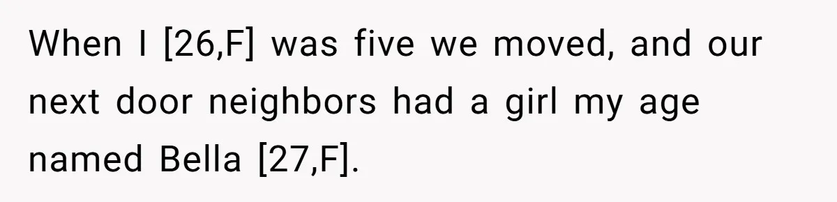 When I [26,F] was five we moved, and our next door neighbors had a girl my age named Bella [27,F].