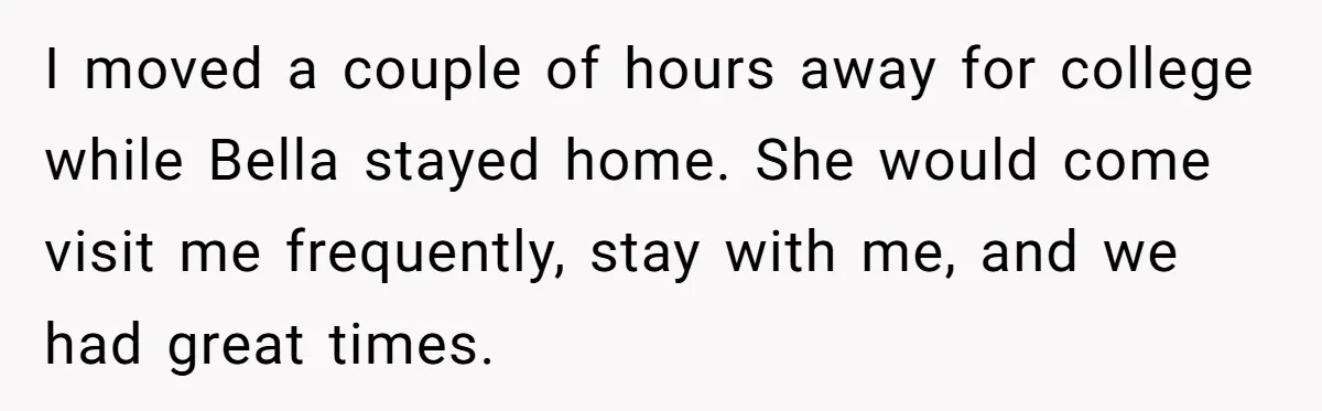 I moved a couple of hours away for college while Bella stayed home. She would come visit me frequently, stay with me, and we had great times.