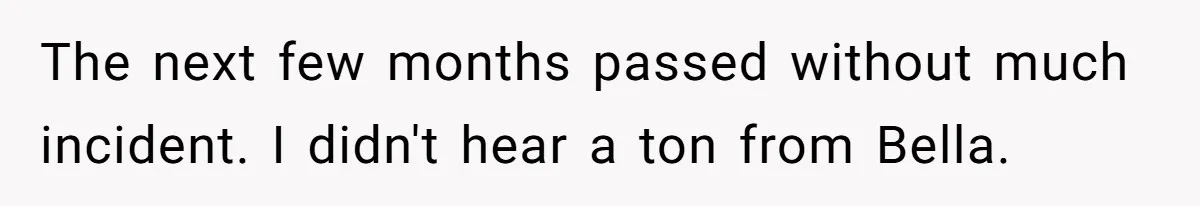 The next few months passed without much incident. I didn't hear a ton from Bella.