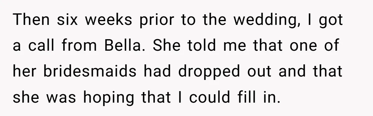 Then six weeks prior to the wedding, I got a call from Bella. She told me that one of her bridesmaids had dropped out and that she was hoping that...