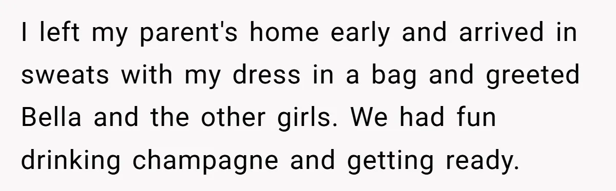 I left my parent's home early and arrived in sweats with my dress in a bag and greeted Bella and the other girls. We had fun drinking champagne and getting...