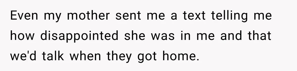 Even my mother sent me a text telling me how disappointed she was in me and that we'd talk when they got home.