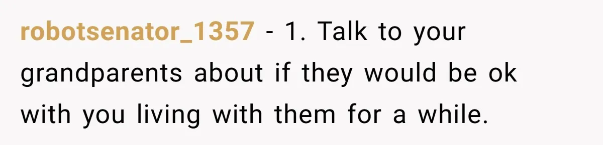 robotsenator_1357 − 1. Talk to your grandparents about if they would be ok with you living with them for a while.