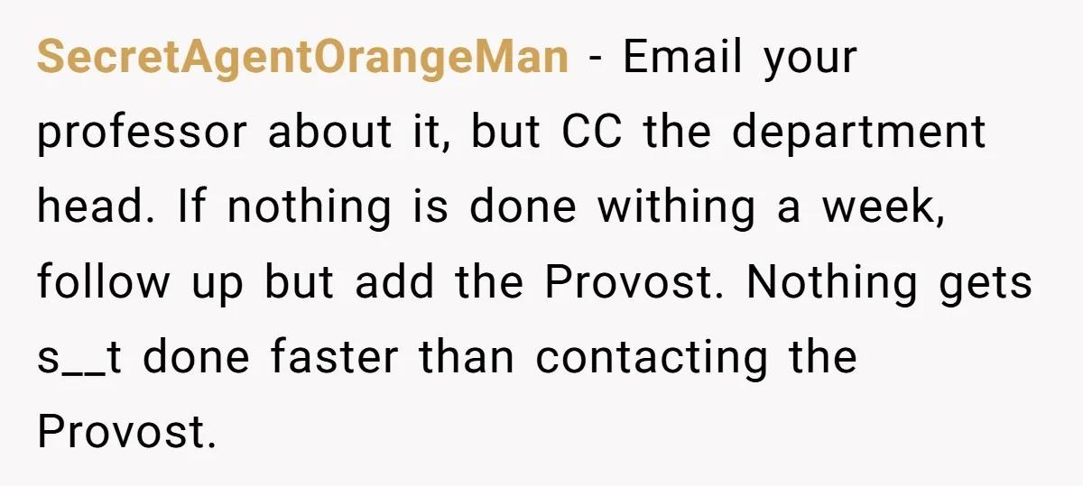 SecretAgentOrangeMan − Email your professor about it, but CC the department head. If nothing is done withing a week, follow up but add the Provost. Nothing gets s__t done faster...