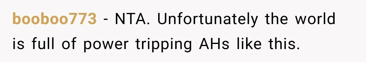 booboo773 − NTA. Unfortunately the world is full of power tripping AHs like this.