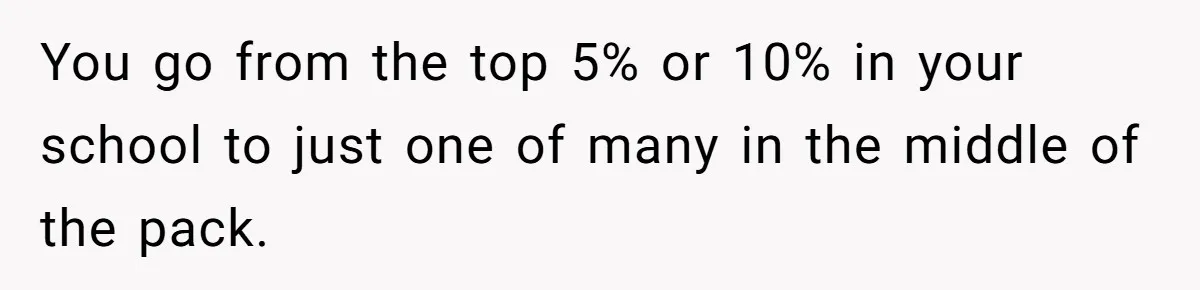You go from the top 5% or 10% in your school to just one of many in the middle of the pack.