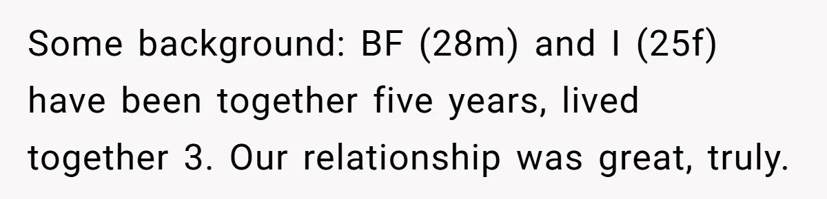Some background: BF (28m) and I (25f) have been together five years, lived together 3. Our relationship was great, truly.
