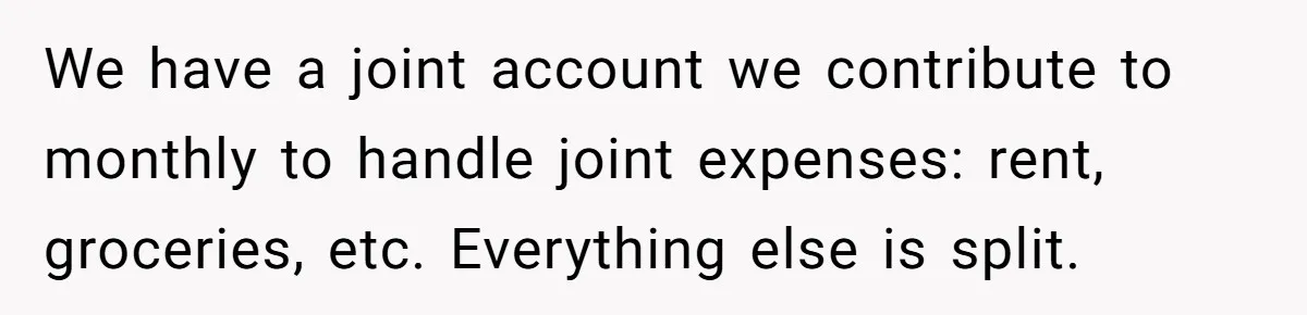 We have a joint account we contribute to monthly to handle joint expenses: rent, groceries, etc. Everything else is split.