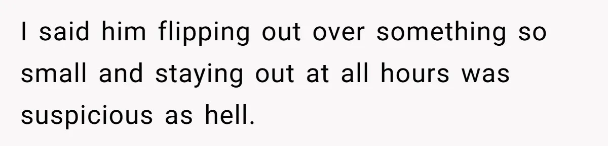 I said him flipping out over something so small and staying out at all hours was suspicious as hell.