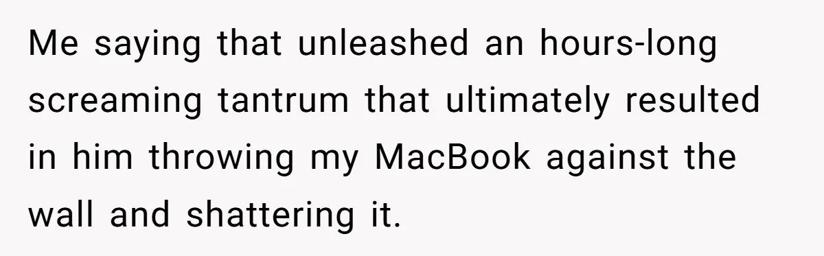 Me saying that unleashed an hours-long screaming tantrum that ultimately resulted in him throwing my MacBook against the wall and shattering it.