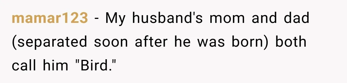 mamar123 − My husband's mom and dad (separated soon after he was born) both call him "Bird."