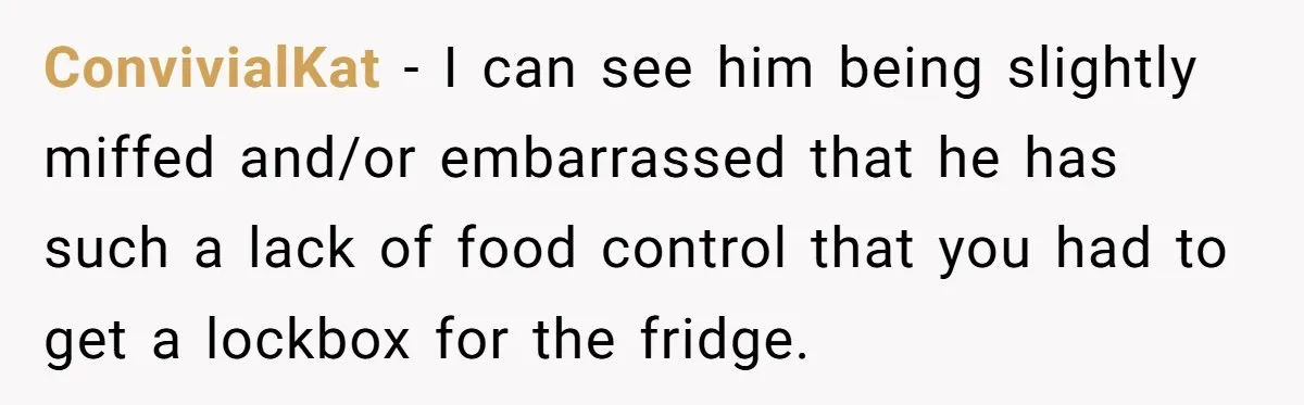 ConvivialKat − I can see him being slightly miffed and/or embarrassed that he has such a lack of food control that you had to get a lockbox for the fridge.