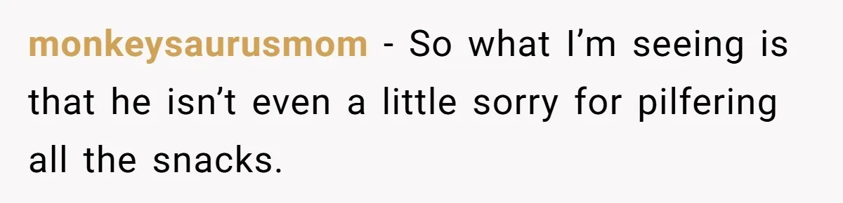 monkeysaurusmom − So what I’m seeing is that he isn’t even a little sorry for pilfering all the snacks.