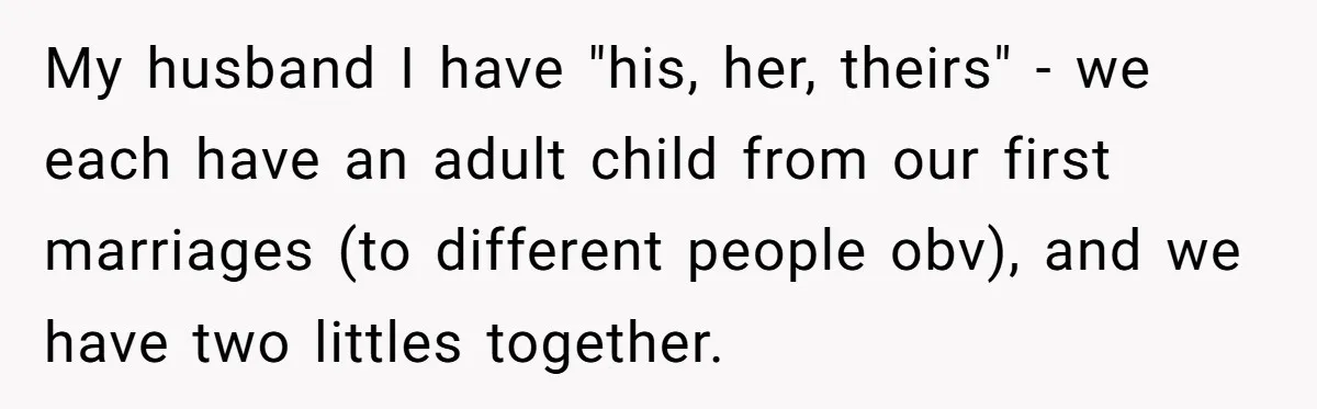 My husband I have "his, her, theirs" - we each have an adult child from our first marriages (to different people obv), and we have two littles together.