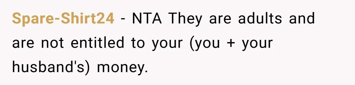 Spare-Shirt24 − NTA They are adults and are not entitled to your (you + your husband's) money.
