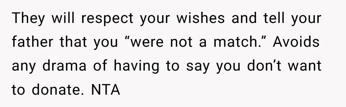 Adult Child Refuses Kidney Test Request From Father Who Survived Two Heart Transplants They will respect your wishes and tell your father that you “were not a match.” Avoids any drama of having to say you don’t want to donate. NTA