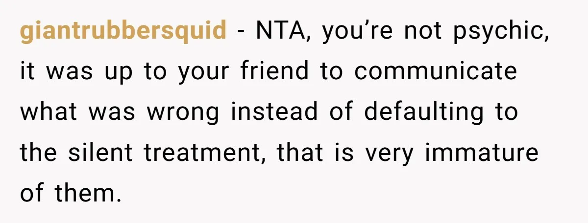 giantrubbersquid − NTA, you’re not psychic, it was up to your friend to communicate what was wrong instead of defaulting to the silent treatment, that is very immature of them.