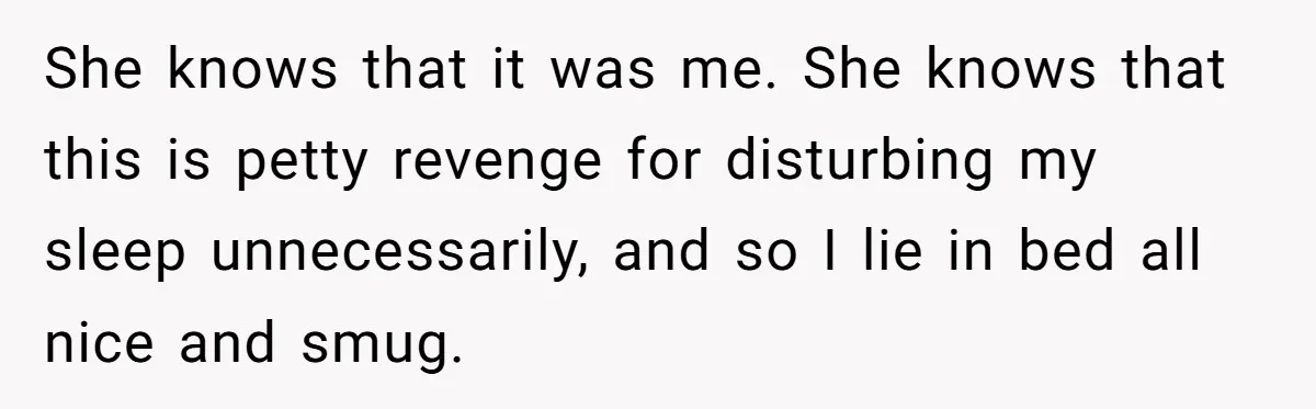 She knows that it was me. She knows that this is petty revenge for disturbing my sleep unnecessarily, and so I lie in bed all nice and smug.