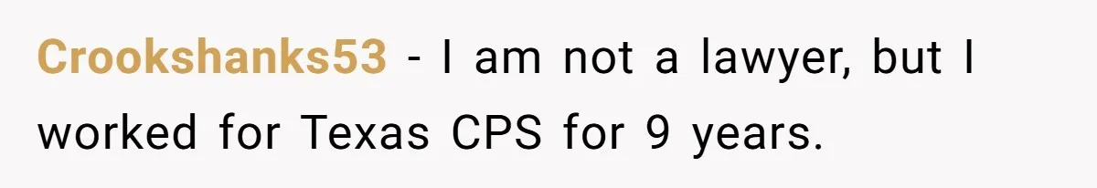 Crookshanks53 − I am not a lawyer, but I worked for Texas CPS for 9 years.