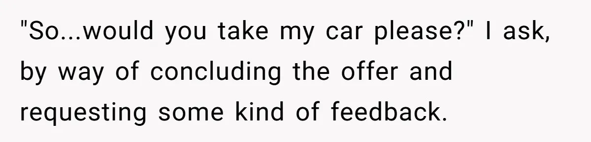 "So...would you take my car please?" I ask, by way of concluding the offer and requesting some kind of feedback.