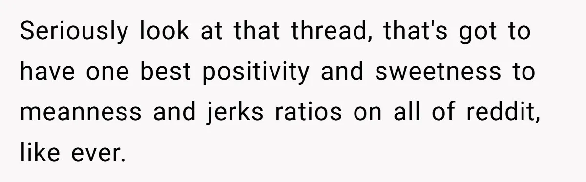 Seriously look at that thread, that's got to have one best positivity and sweetness to meanness and jerks ratios on all of reddit, like ever.