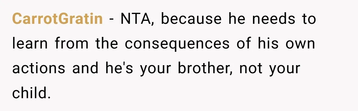 CarrotGratin − NTA, because he needs to learn from the consequences of his own actions and he's your brother, not your child.