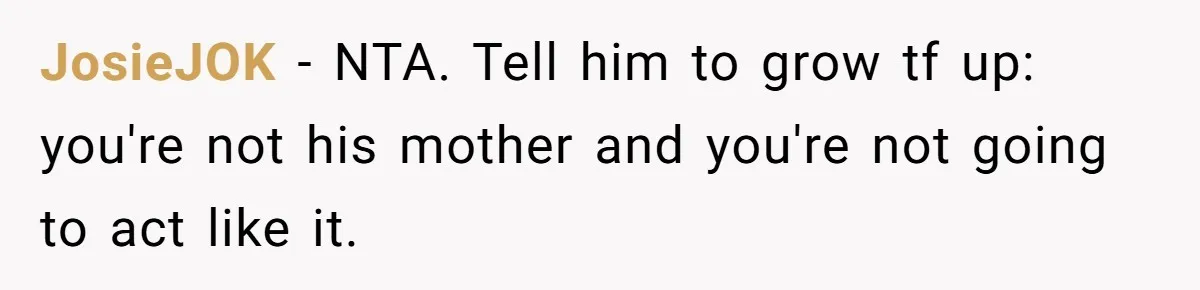 JosieJOK − NTA. Tell him to grow tf up: you're not his mother and you're not going to act like it.