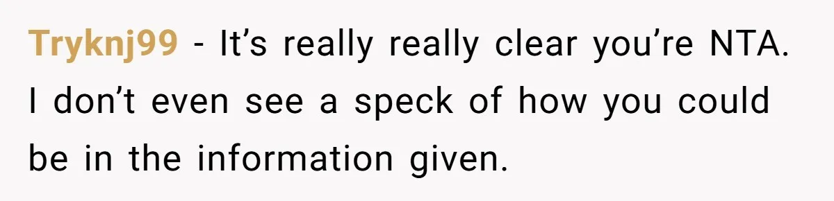 Tryknj99 − It’s really really clear you’re NTA. I don’t even see a speck of how you could be in the information given.